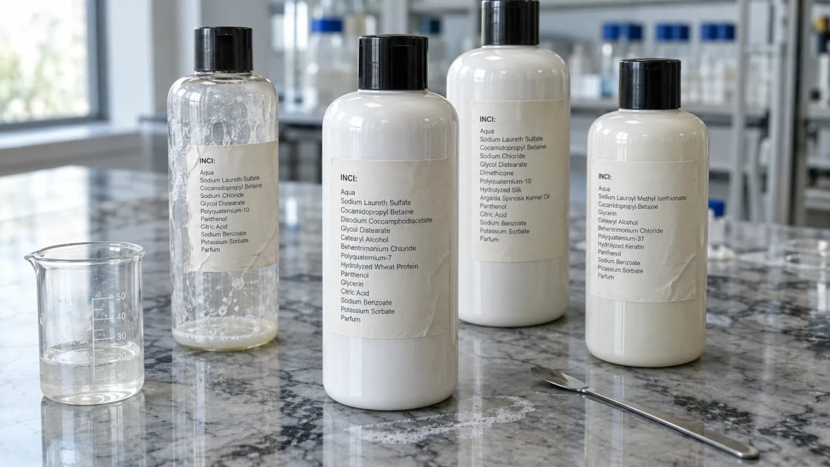 Assortment of shampoo bottles with visible ingredient labels on a marble surface, soft light