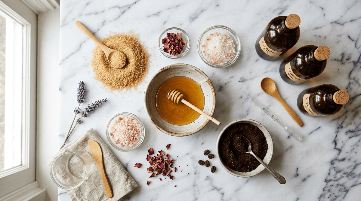 Flat lay of natural body scrub ingredients — granulated sugar, sea salt, honey in a small bowl, coffee grounds, amber glass bottles of carrier oils, arranged on white marble surface with soft natural window light, editorial beauty photography style