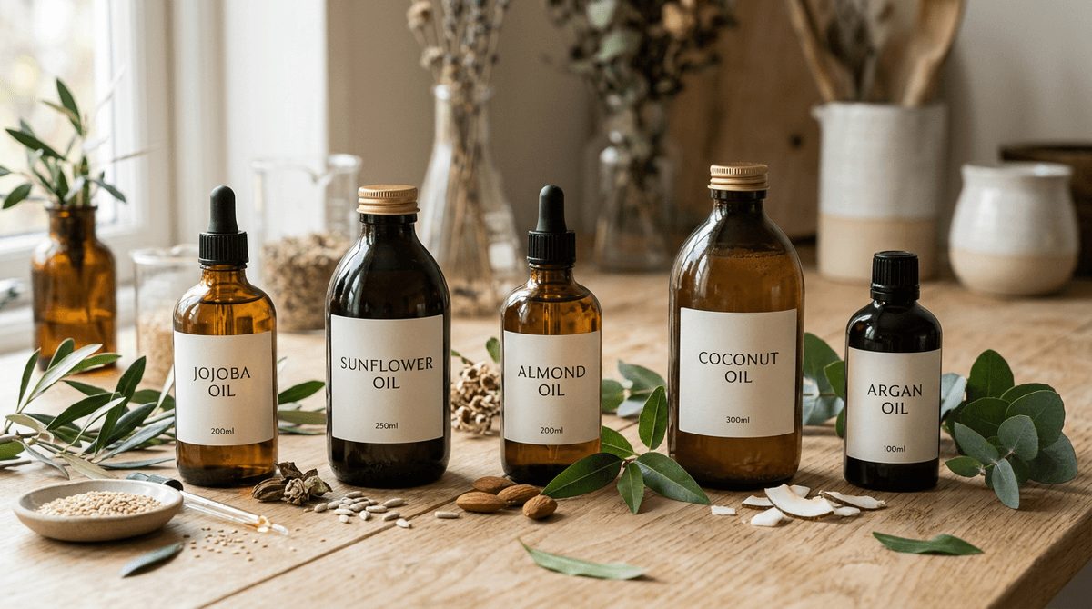 Assortment of carrier oils in amber and dark glass bottles with minimalist labels — jojoba, sunflower, almond, coconut oil — arranged on a light wooden surface with green botanical elements and soft shadows, beauty editorial style