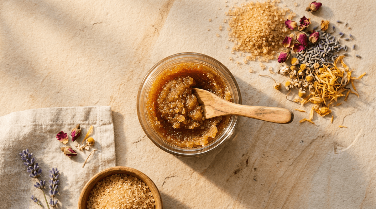 Minimalist flat lay of a finished homemade body scrub in a clear glass jar with a small wooden spatula, surrounded by raw sugar crystals and dried botanicals, warm golden hour lighting, clean beauty aesthetic