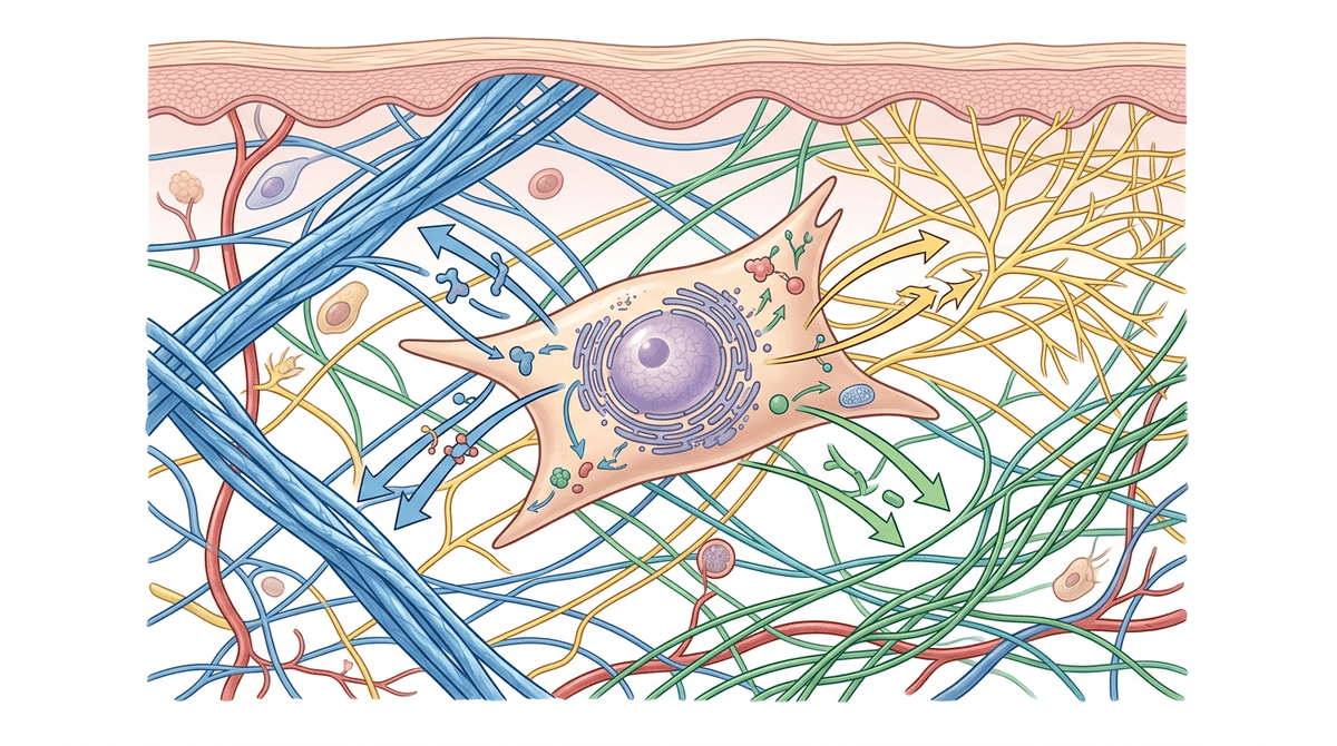 Detailed scientific cross-section illustration of human skin dermis showing extracellular matrix proteins: collagen fiber bundles, fibrillin microfibrils, elastin network, fibroblast cells, with labeled peptide signal pathways and arrows showing protein synthesis activation, clean infographic style on white background