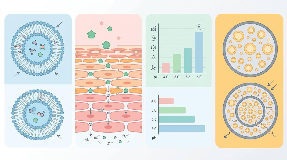 Clean flat-design infographic comparing peptide delivery mechanisms: liposome encapsulation diagram, penetration enhancer molecule interaction with stratum corneum, pH optimization bar chart (4.0-6.0 range), emulsion droplet size comparison, pastel color palette, cosmetic chemistry educational style