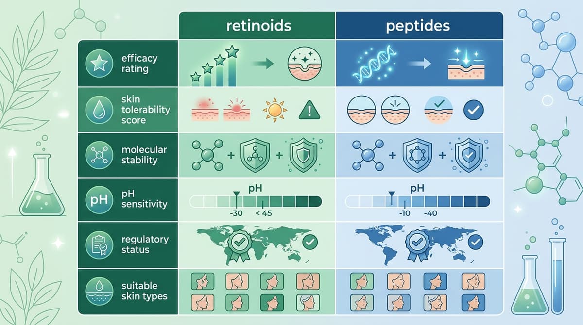 Side-by-side scientific comparison chart: retinoids vs peptides comparison table with icons — efficacy rating, skin tolerability score, molecular stability, pH sensitivity, regulatory status, suitable skin types, modern minimal design with green and blue color scheme