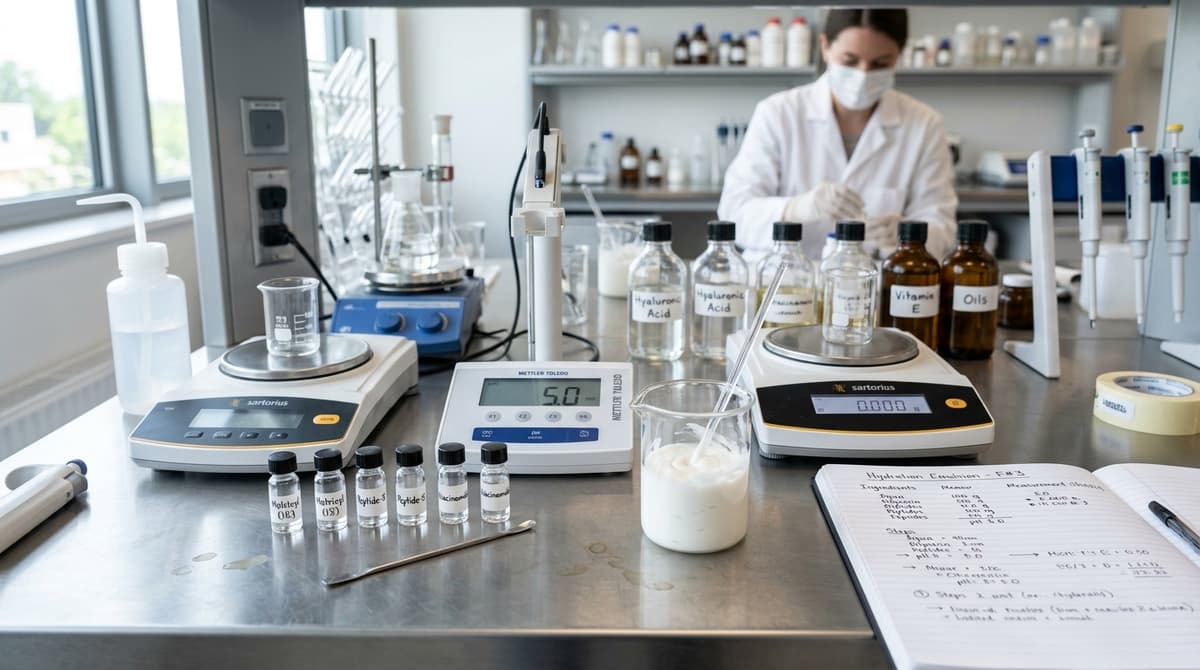 Professional cosmetic chemistry laboratory workspace: clean bench with labeled peptide powder vials, digital pH meter reading 5.0, precision digital scale, glass beakers with white emulsion cream, open formulation notebook with handwritten notes, soft natural lighting, realistic photo style