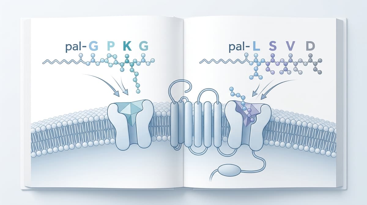 Molecular diagram of two peptide sequences pal-GPKG and pal-LSVD interacting with skin fibroblast receptors, scientific illustration style, clean white background, labeled amino acid chains, soft blue and white color palette
