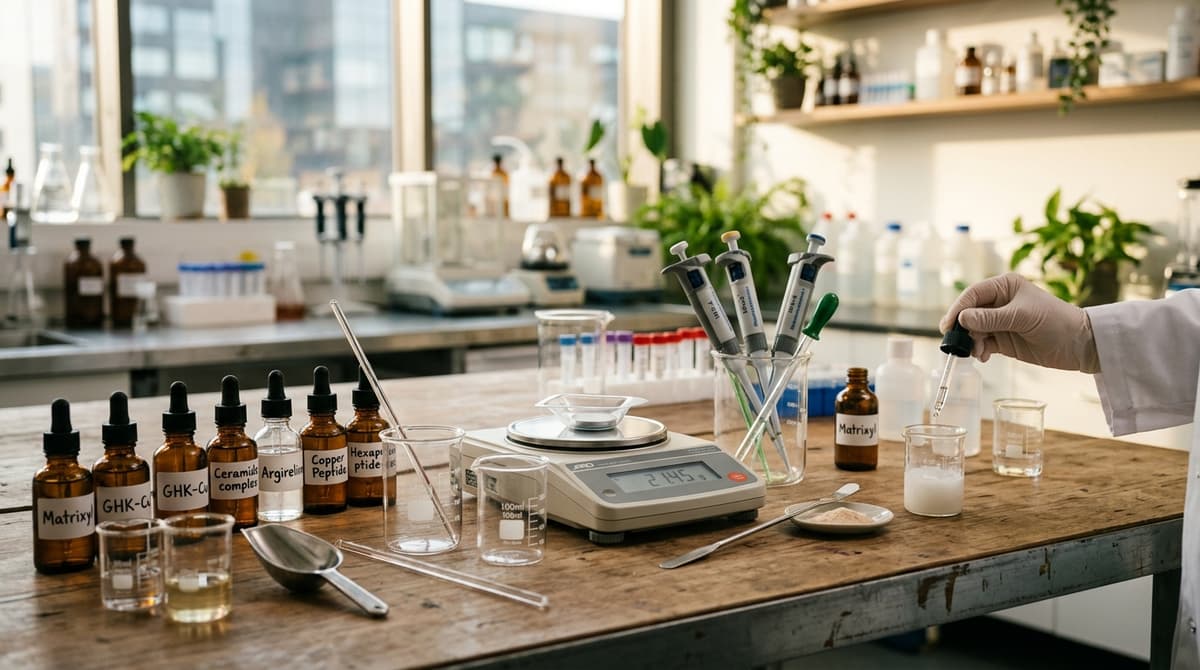 Professional cosmetic lab bench with small glass beakers, dropper bottles labeled with peptide names like Matrixyl and GHK-Cu, precision digital scale, pipettes, warm natural lighting, approachable yet scientific aesthetic