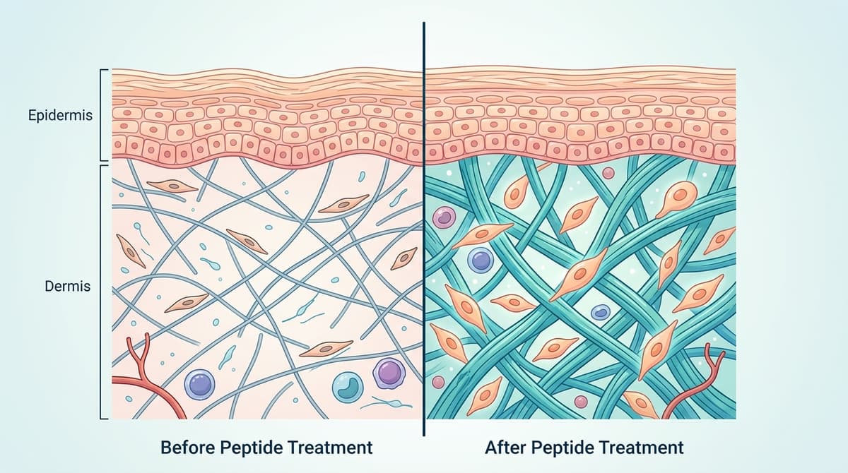 Split-screen educational infographic showing skin cross-section before and after peptide treatment, left side shows sparse collagen fibers and flat fibroblasts, right side shows dense collagen network and active fibroblasts, clean modern illustration style