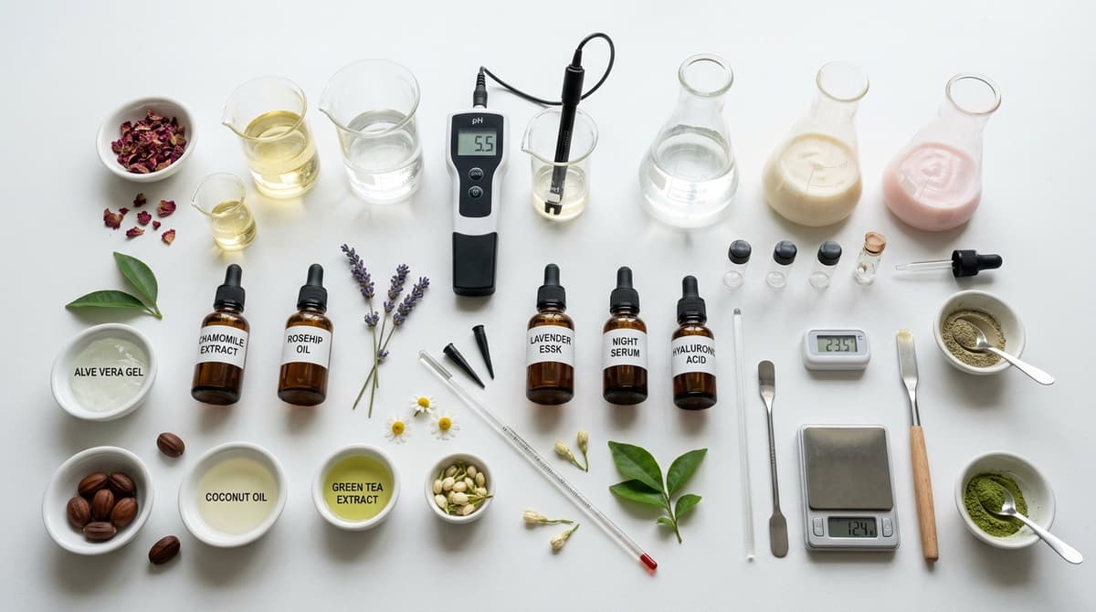 Flat lay of cosmetic chemistry lab setup with beakers, pH meter, dropper bottles and botanical extracts on white background, professional product photography style