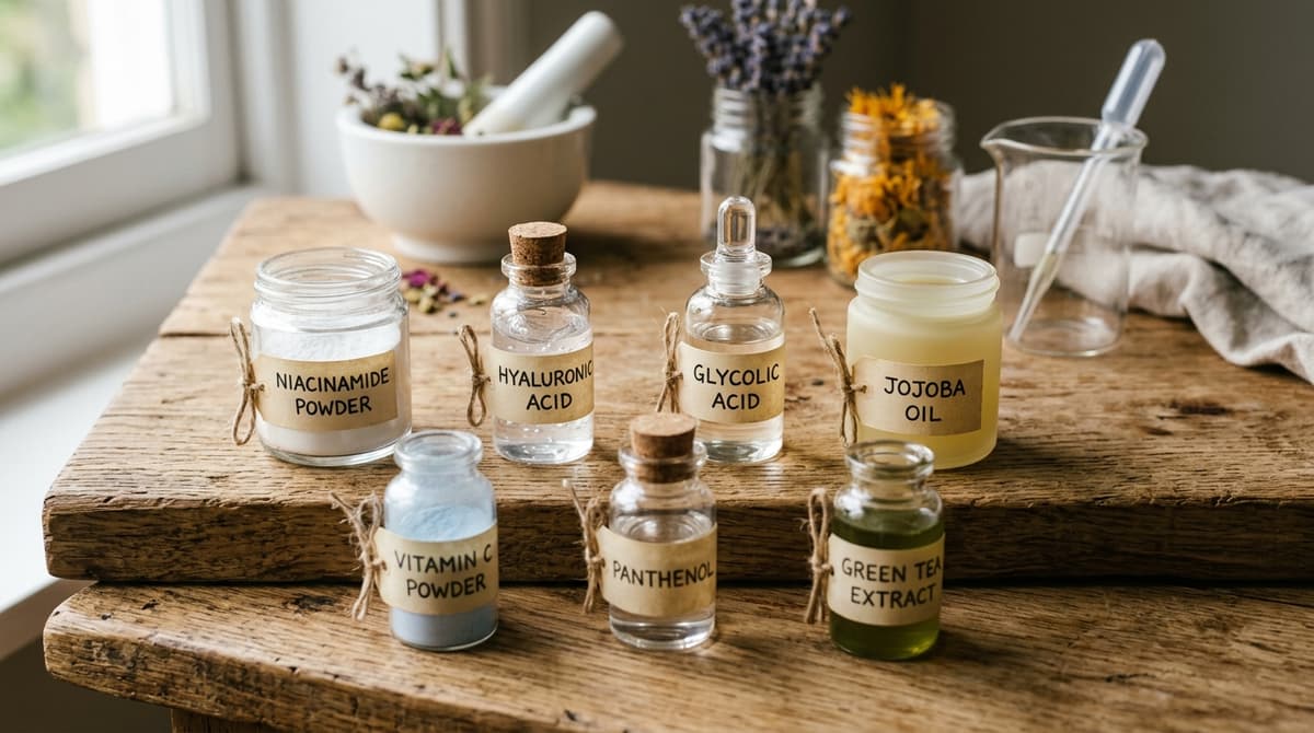 Close-up of various active cosmetic ingredients in small glass vials — niacinamide powder, hyaluronic acid, glycolic acid — labeled on wooden surface, soft natural lighting