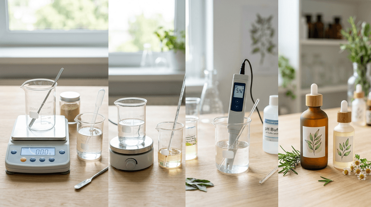 Step-by-step cosmetic formulation process showing digital scale, beakers with clear liquid, pH meter dipping into solution, and final bottled toner, clean minimal aesthetic