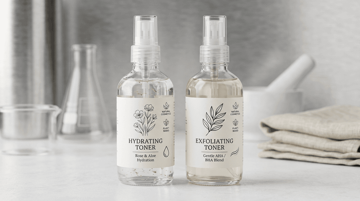 Two glass bottles with clear toner formulations side by side — one labeled hydrating toner, one exfoliating toner — on minimalist white cosmetic lab background, studio lighting