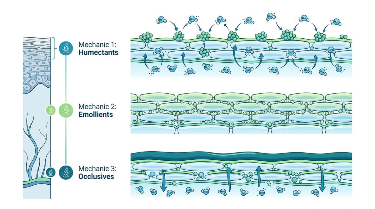 Scientific diagram showing three layers of skin moisturization mechanisms - humectants attracting water molecules, emollients filling intercellular spaces, occlusives forming protective film, clean infographic style on white background, blue and green color palette