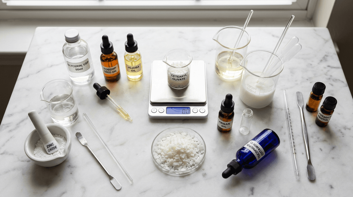 Flat lay of professional cosmetic chemistry ingredients - glycerin bottle, white emulsifier pellets, small glass bottles with plant oils, digital scale, glass beakers and droppers arranged on white marble surface, soft natural daylight photography