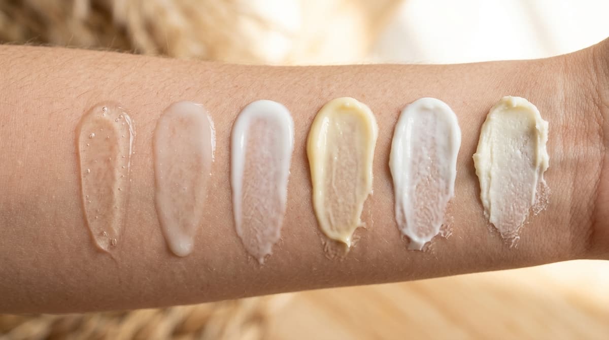 Close-up macro photography of different cream texture swatches on skin - from lightweight transparent gel to rich opaque cream, showing spread and absorption, soft studio lighting with warm tones