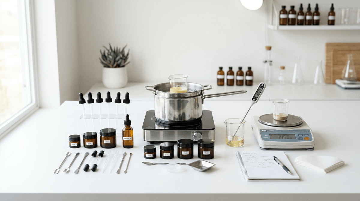 Minimalist home cosmetic lab setup - stainless steel double boiler, digital thermometer, precision scale, small amber glass jars, pipettes and spatulas neatly arranged on clean white table, bright overhead lighting