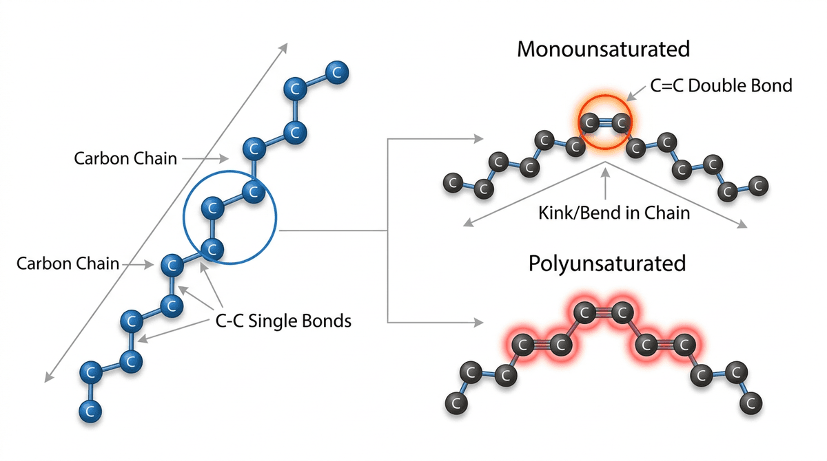 Molecular structure comparison of saturated versus unsaturated fatty acids with labeled carbon chains and double bonds, clean scientific illustration on white background, educational infographic style