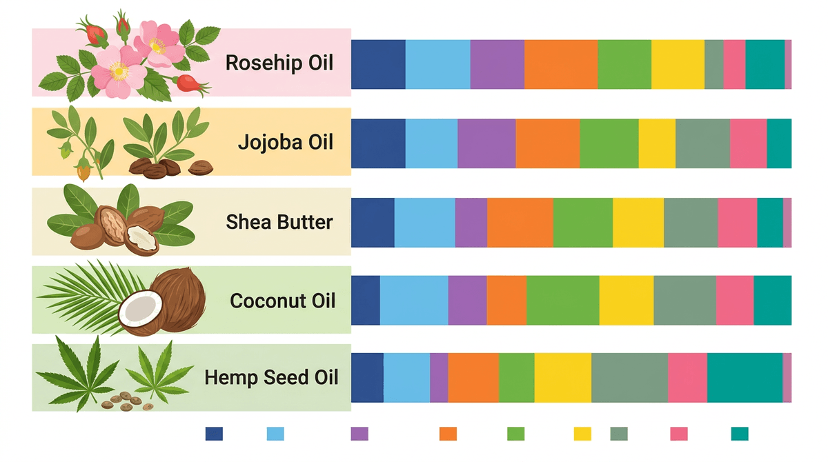 Infographic showing fatty acid composition of popular cosmetic oils including rosehip, jojoba, shea butter, coconut oil and hemp seed oil, displayed as colorful horizontal percentage bar charts with legend, modern flat design