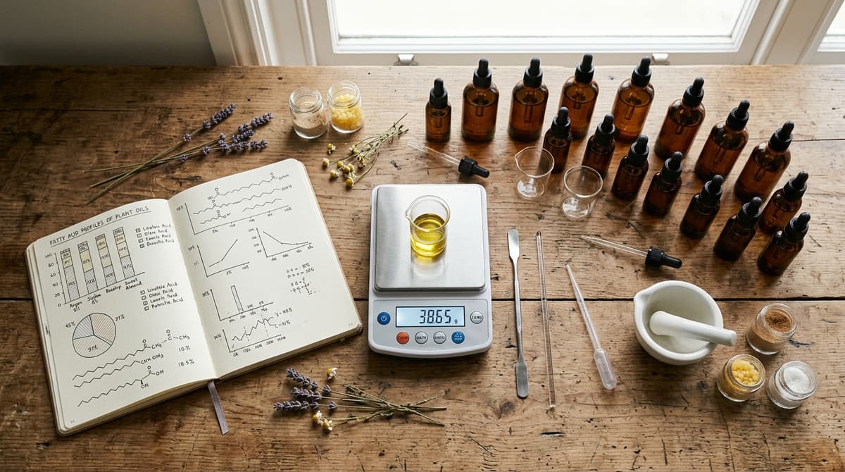 Cosmetic formulation workspace with multiple amber dropper bottles of various plant oils, open notebook showing fatty acid profile charts and percentages, digital precision scale, soft natural window lighting, top-down view
