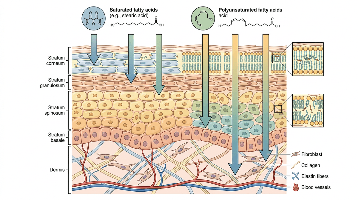 Detailed cross-section diagram of human skin layers showing penetration pathways of different fatty acid types with arrows indicating depth, saturated fatty acids staying in stratum corneum versus polyunsaturated reaching deeper layers, scientific illustration style with labels