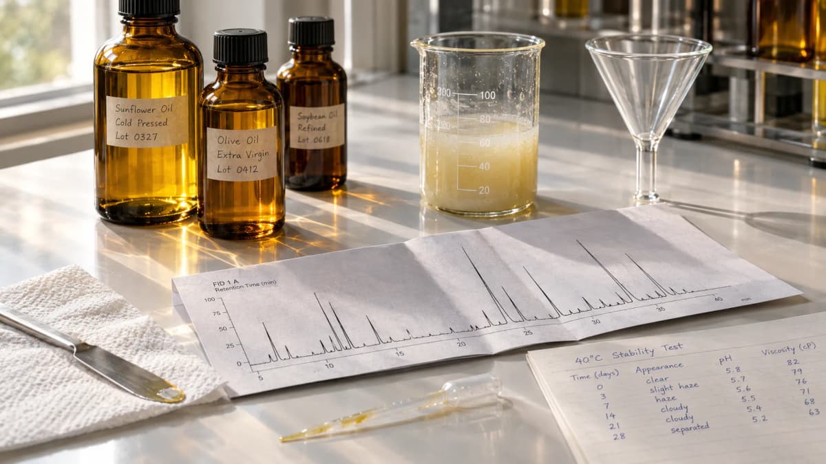 Amber glass bottles of vegetable oils next to a gas chromatography printout, editorial beauty style