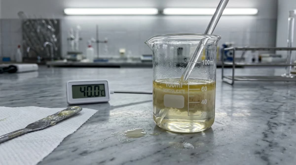 Hands blending facial oil in a small glass beaker on marble, soft light