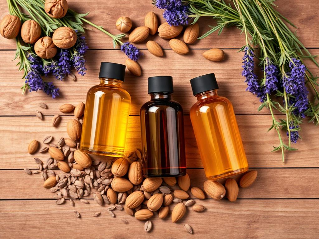 Растительные масла в янтарных флаконах, орехи, семена и цветы